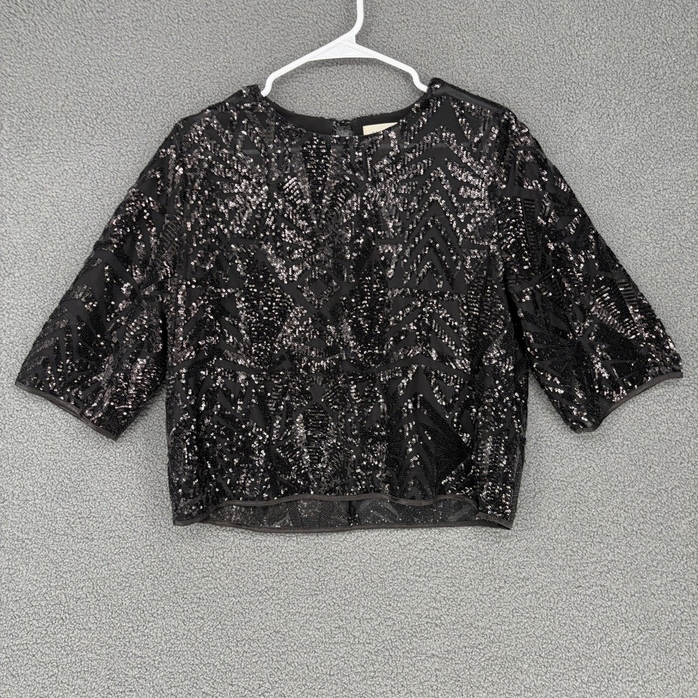 Everly Black Sequin Geometric Art Deco Top Blouse ET3170 Medium